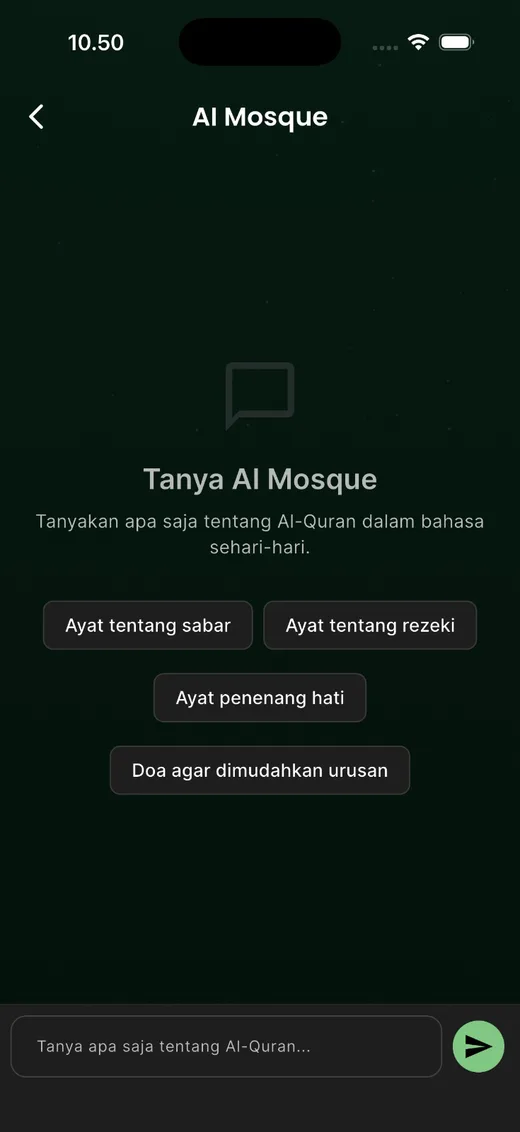 Layar Tanya AI Mosque dengan contoh pertanyaan tentang ayat