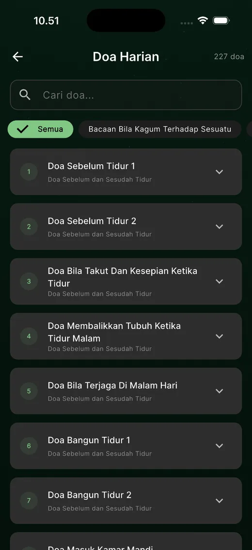Daftar Doa Harian iMosque dengan kolom pencarian