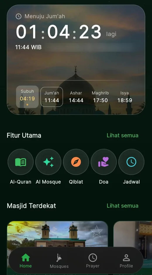 Beranda iMosque: hitung mundur menuju waktu sholat, fitur utama, dan masjid terdekat