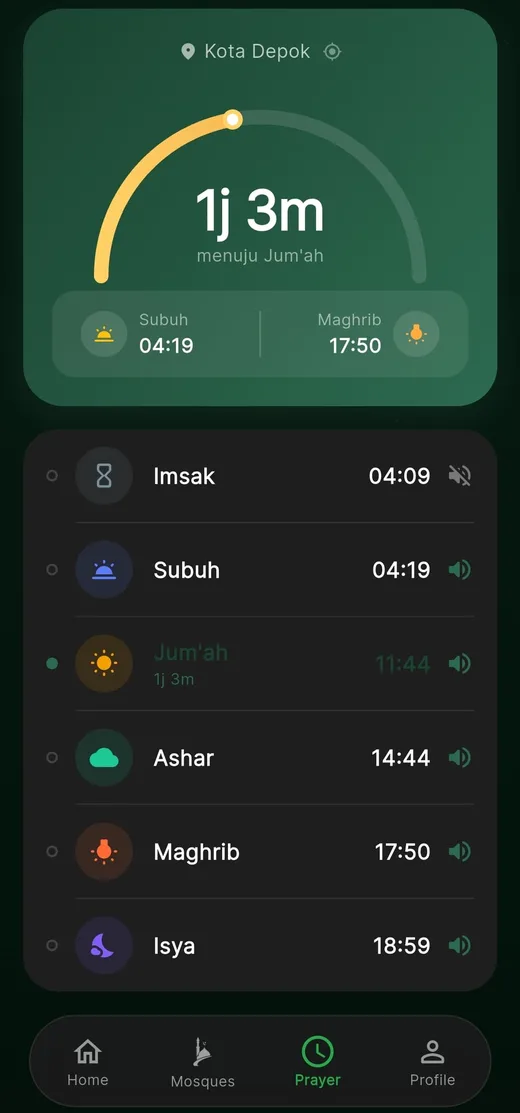 Halaman Jadwal Sholat iMosque: hitung mundur menuju waktu berikutnya dan daftar Imsak sampai Isya