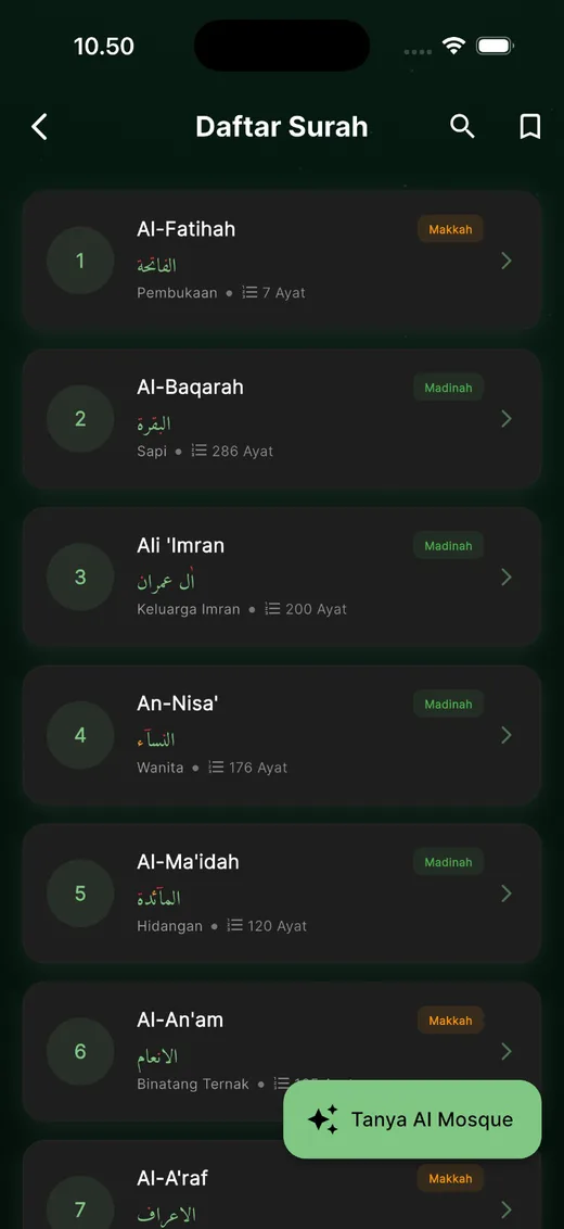 Daftar surah Al-Qur'an di iMosque